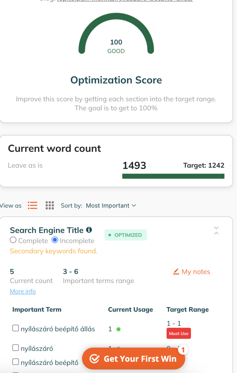 On-Page optimization scores